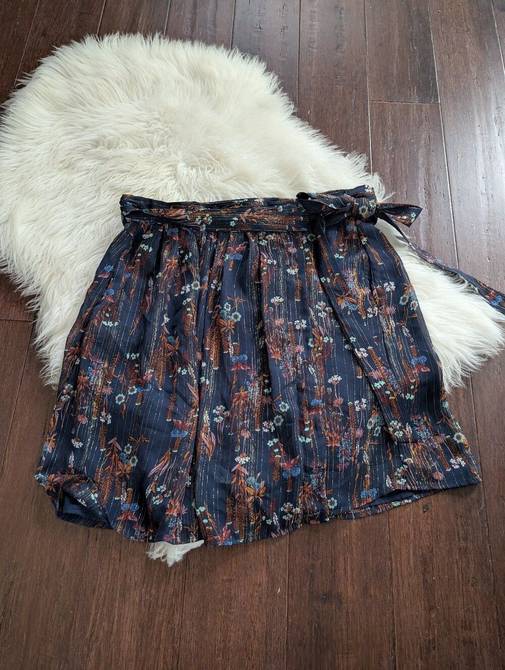 HD In Paris Anthropologie Floral Fall Autumn Wrap Skirt Blue Gold Shimmer Large